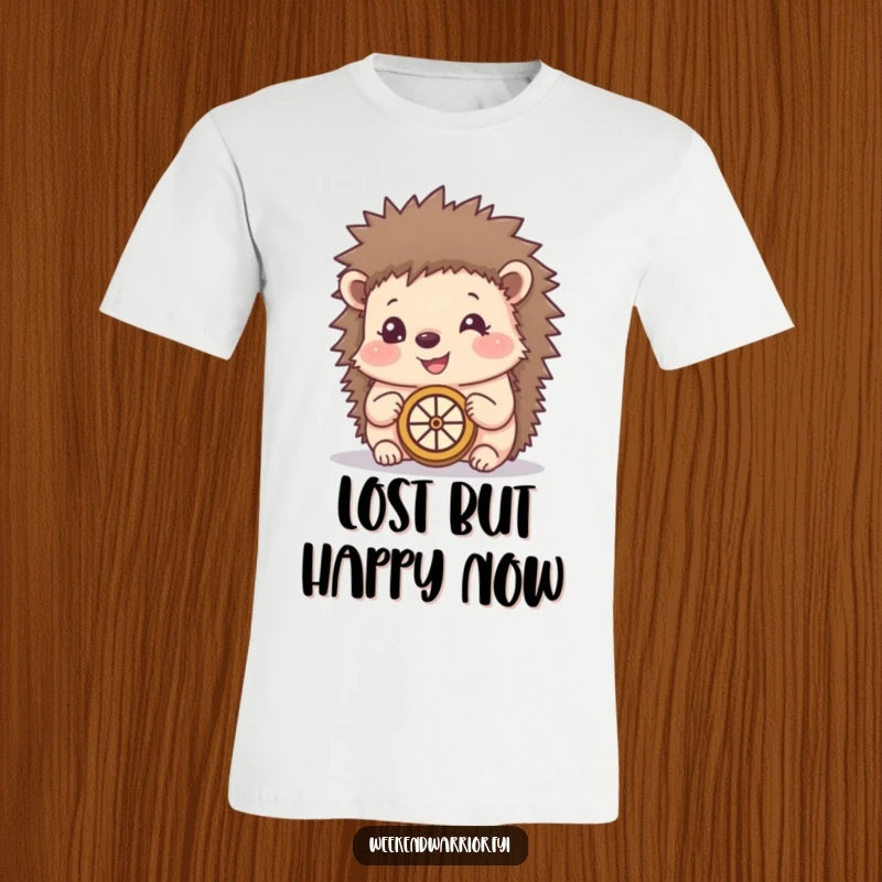 Funny t-shirt showing a happy hedgehog using a makeshift compass, perfect for those who love adventure and woodland creatures.