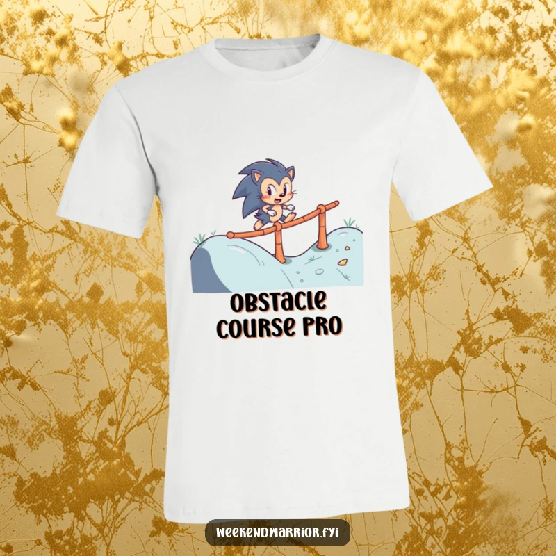 Funny t-shirt depicting a determined hedgehog skillfully navigating a winding obstacle course, symbolizing perseverance and agility.