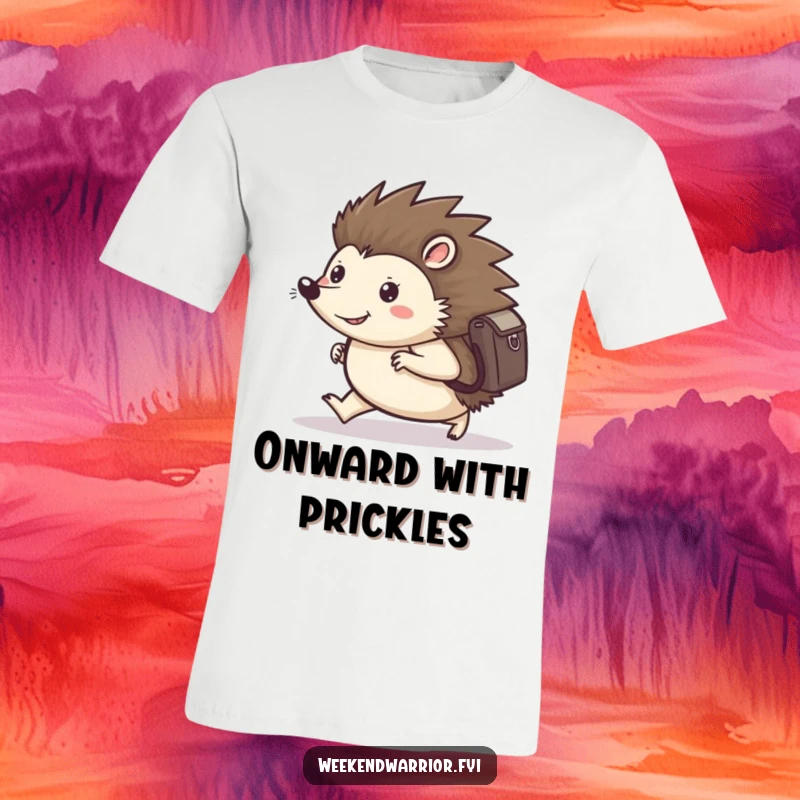 Funny t-shirt featuring a happy hedgehog with a backpack, marching forward with unwavering determination, symbolizing a purposeful journey.