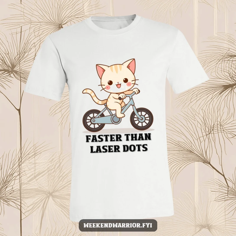 Funny Kawaii cat character riding a bike with great speed on a T-shirt, exuding playful energy.