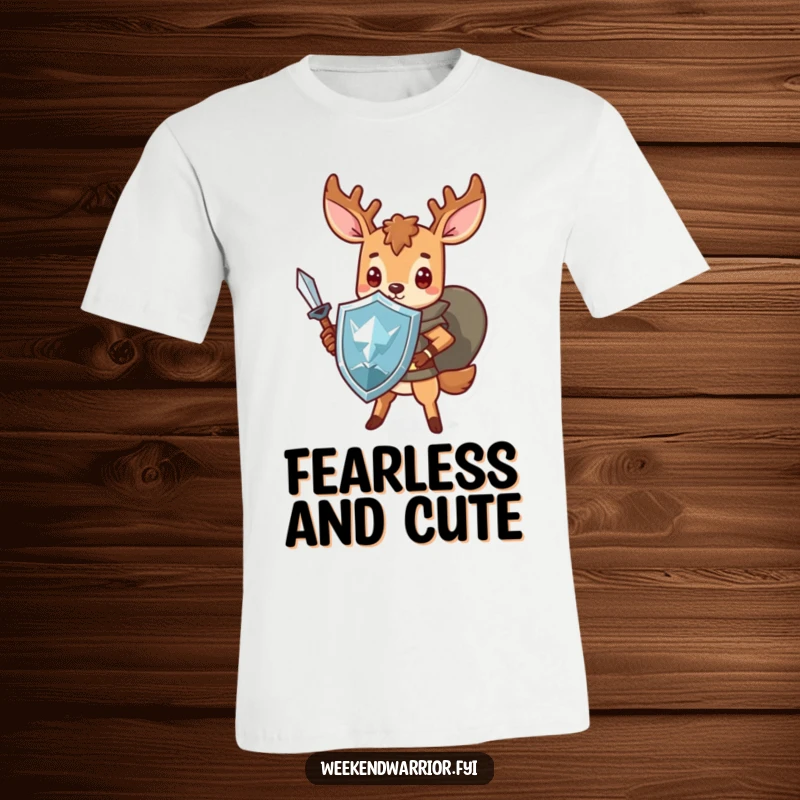 Funny Kawaii deer t-shirt, depicted as a brave warrior with a sword and shield, exuding courage and humor.