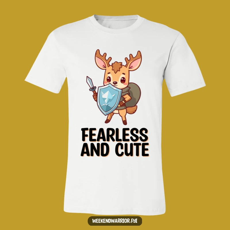 Funny Kawaii Deer T-Shirt: Brave Hero with Sword and Shield, Ideal Funny Gift