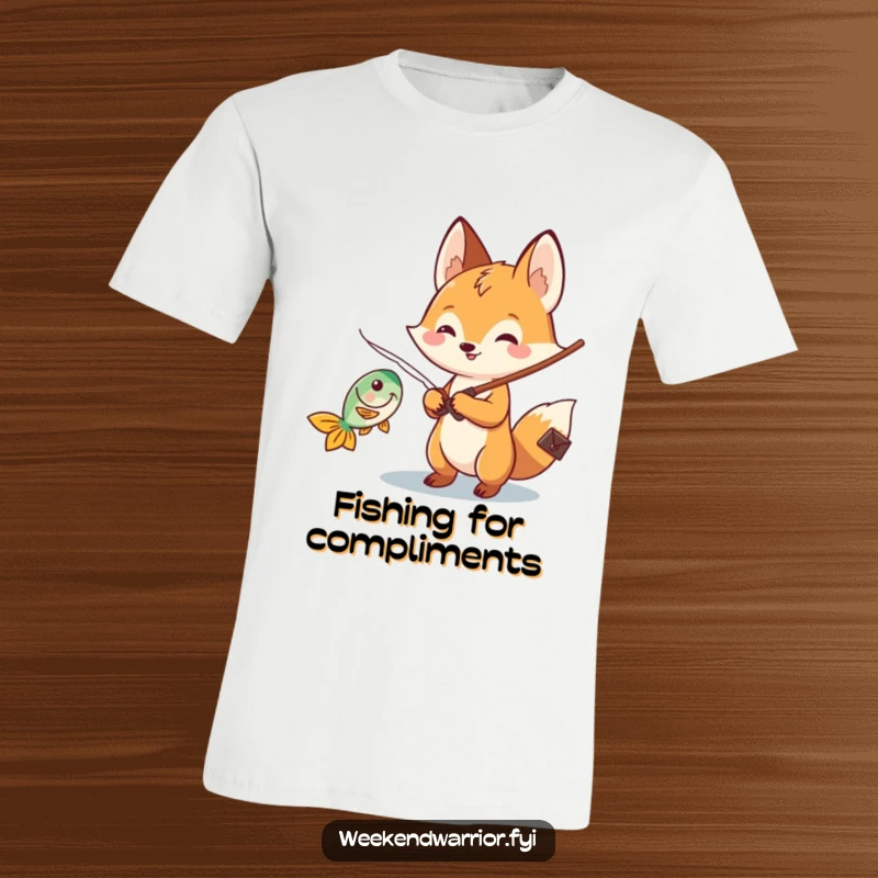 Funny Kawaii fox t-shirt depicting a cheerful character expertly holding a fishing rod and reeling in a catch.