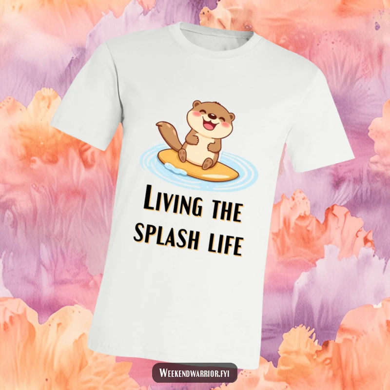 Funny t-shirt featuring a happy otter character jubilantly paddleboarding across a shimmering blue pond, embodying joy and fun.