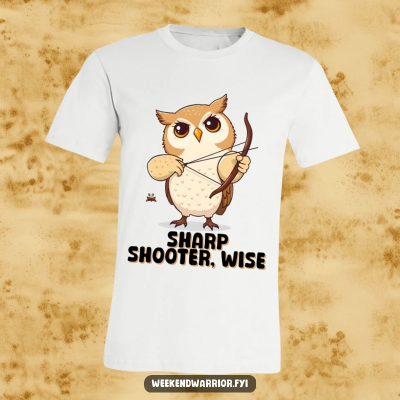 Funny t-shirt featuring a focused owl character practicing archery with a tiny twig bow, symbolizing concentration and skill.