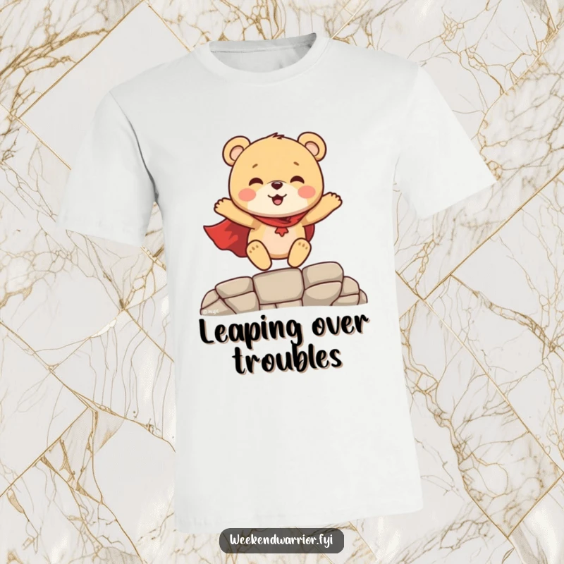 Funny Superhero Bear Cub T-Shirt, a cute bear cub wearing a red superhero cape, leaping over a gap with a smile.