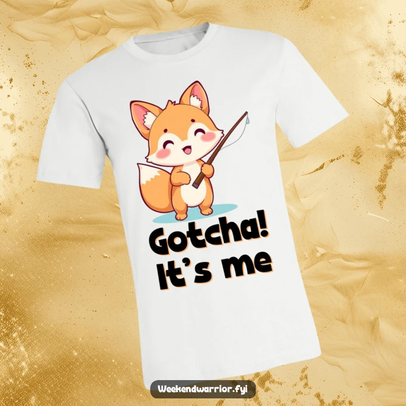 Funny t-shirt featuring an excited kawaii fox holding a fishing rod, ready for a fun fishing adventure, full of playful energy.
