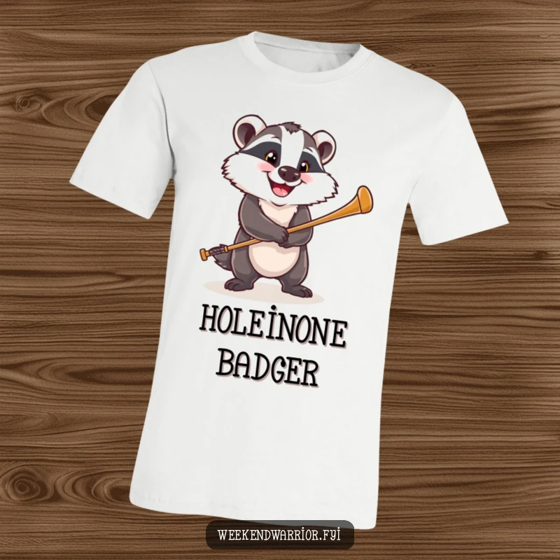 Funny t-shirt displaying a happy badger with a determined grin, mid-swing with a golf club, ready for the course.