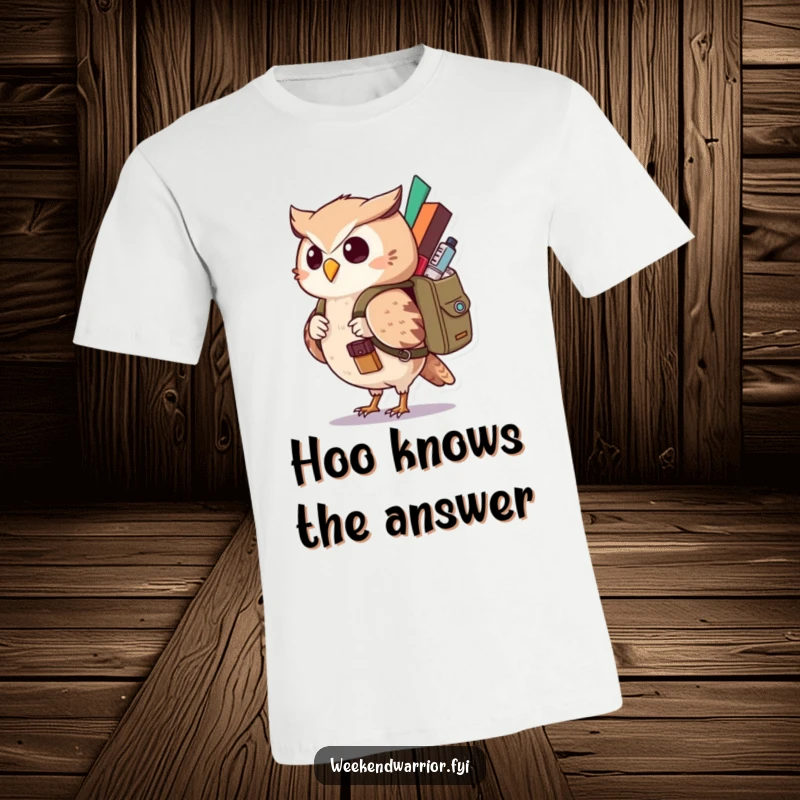 Funny Kawaii Owl T-Shirt with a curious character carrying a backpack, perfect for humorous exploration. Great funny gift.