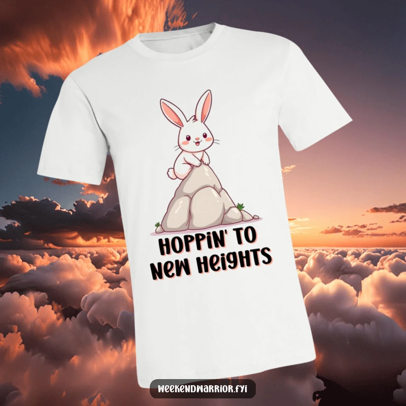 Funny rabbit smiling proudly while scaling a small rock formation on a humorous t-shirt.