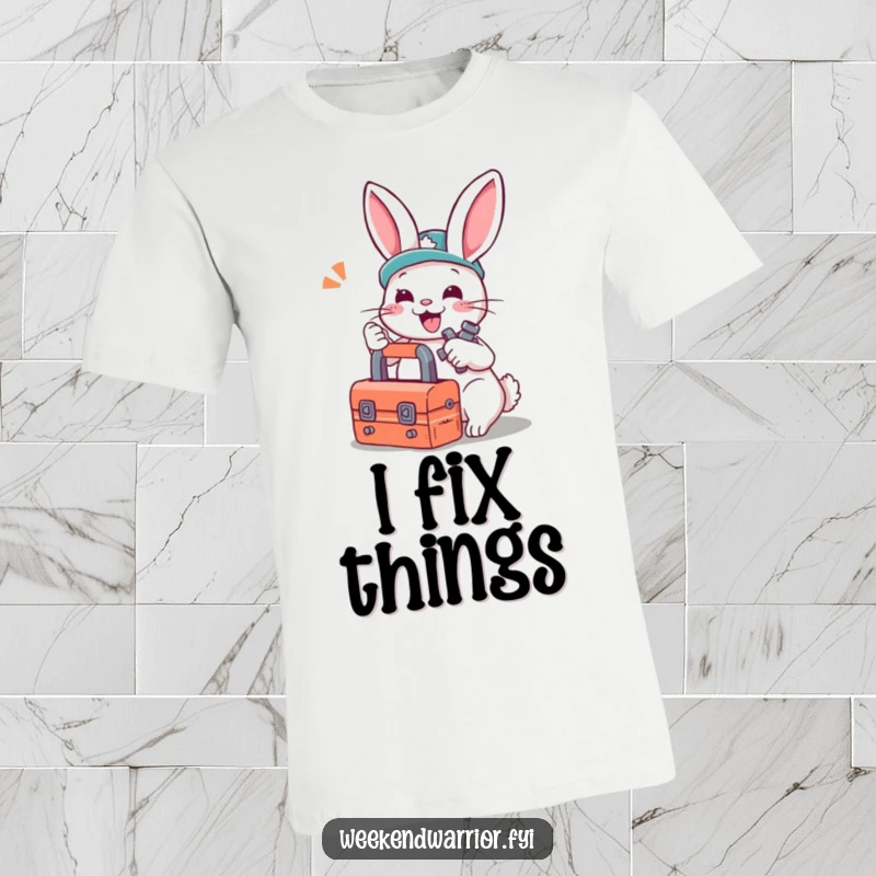 Funny t-shirt: A playful rabbit with a toolbox busy tightening a bolt, radiating determination and a love for repairs.