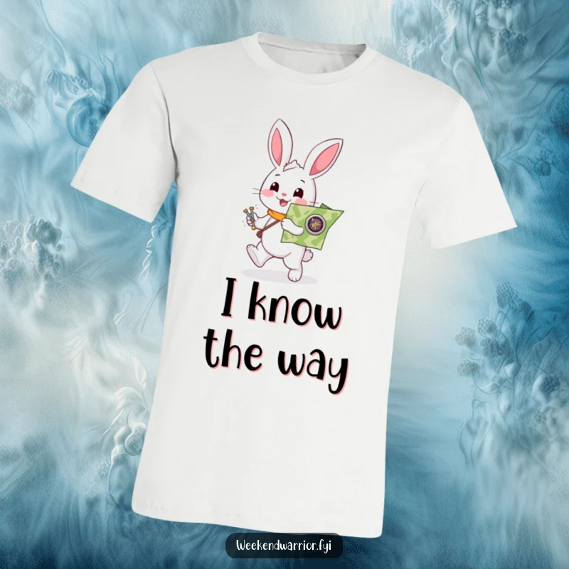 Funny rabbit t-shirt showing a helpful white character enthusiastically carrying a map and a compass, great for adventure lovers.