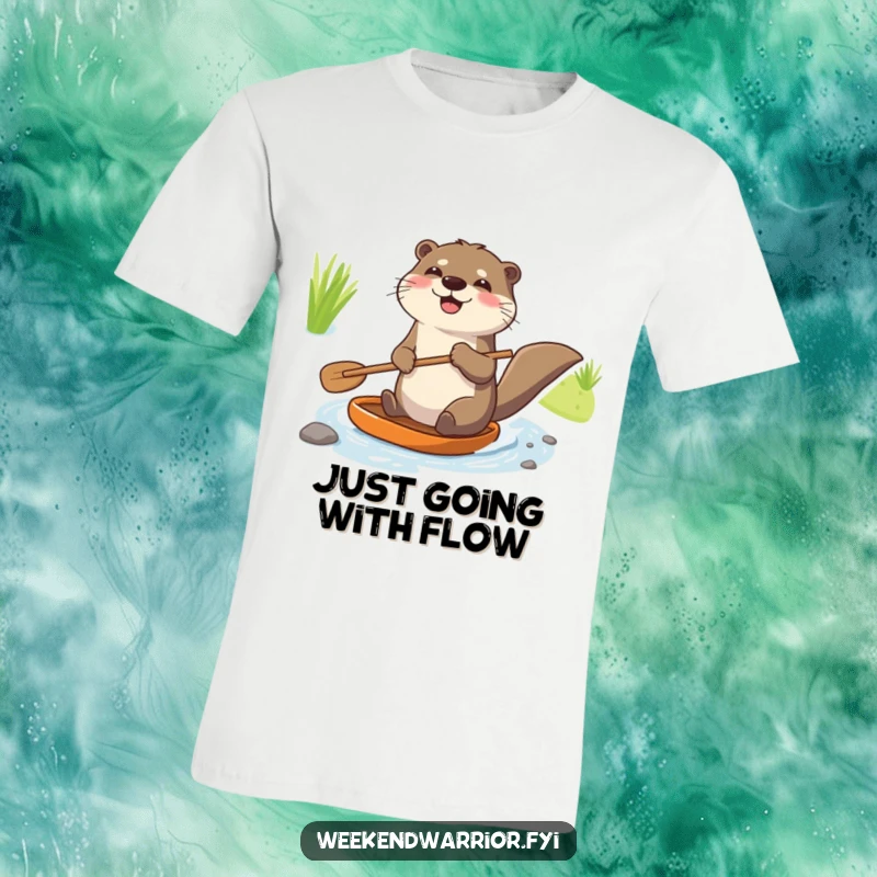 Funny t-shirt with a joyful otter holding a paddle and paddling enthusiastically down a tiny stream, perfect for gifting.
