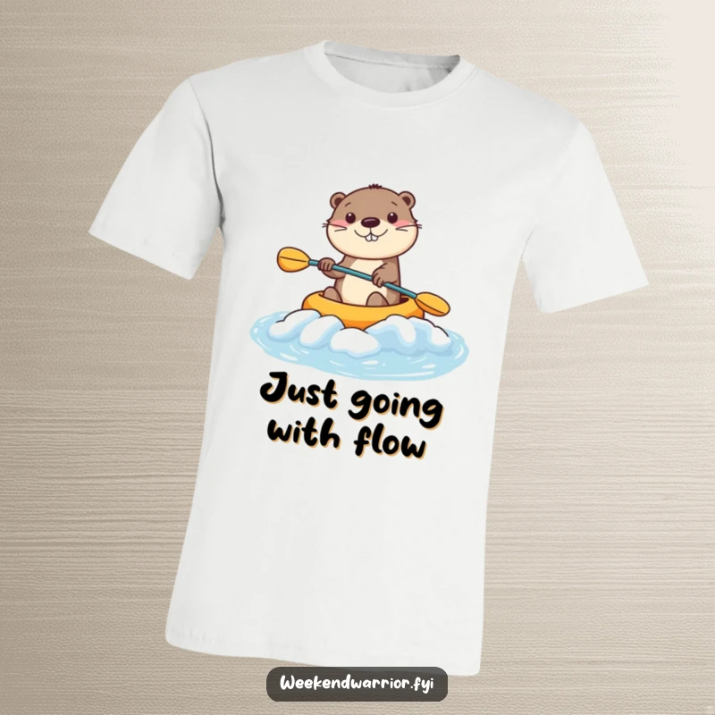 Funny Kawaii Otter T-Shirt with a smiling character kayaking rapids, perfect for humorous water lovers. Great funny gift.