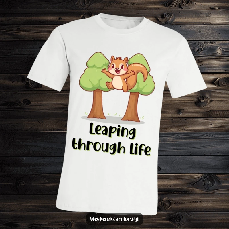 Funny joyful squirrel in mid-air, leaping between two trees on a hilarious t-shirt.