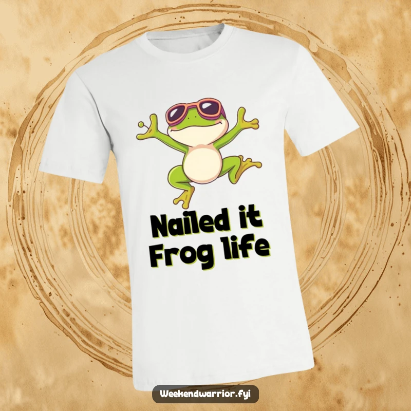 Funny t-shirt with a grinning frog wearing goggles, captured mid-air after a triumphant jump.