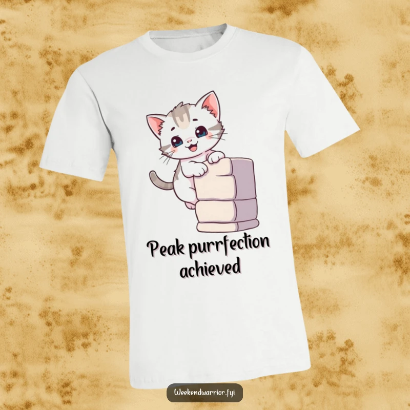 Funny t-shirt print of a curious kitten smiling as it climbs a small wall, celebrating adventurous and cute pets.