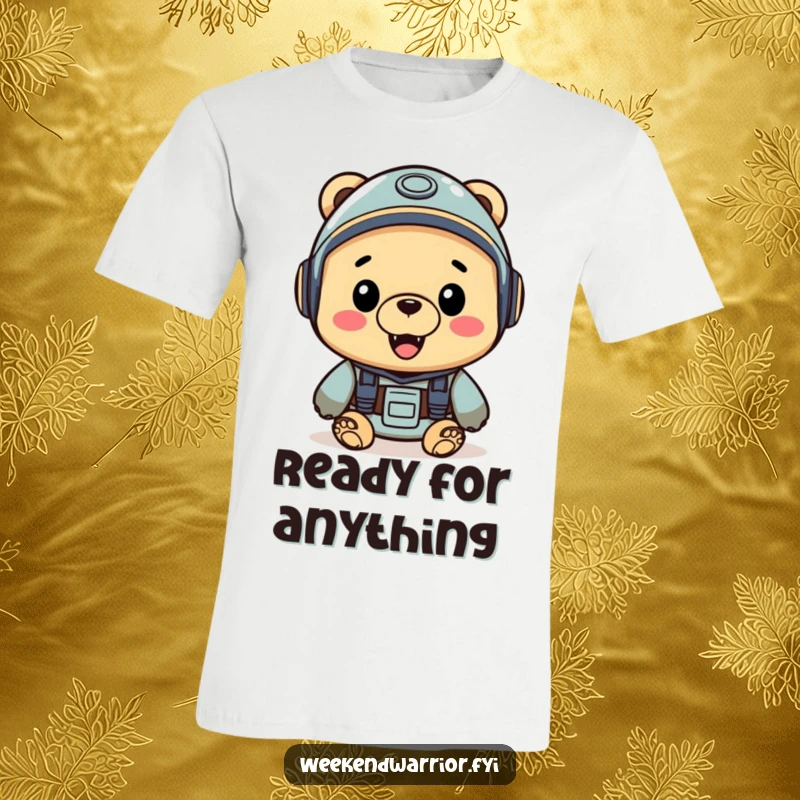 Funny t-shirt showing a cheerful bear wearing a helmet, with a look of excitement and readiness for adventure.