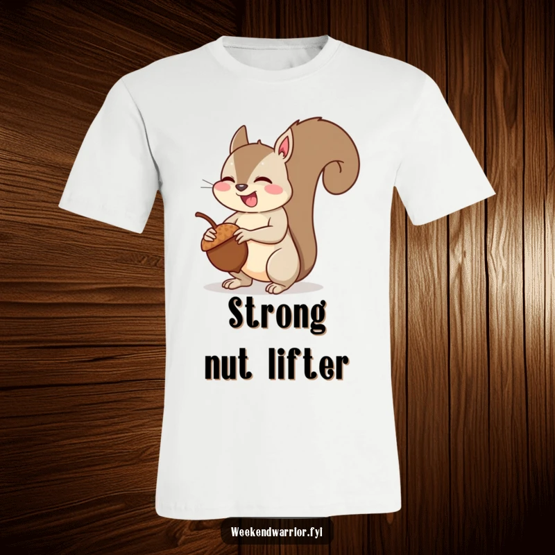Funny squirrel muscle t-shirt featuring a giggling squirrel proudly posing with flexed arm muscles after lifting an acorn, radiating joy.