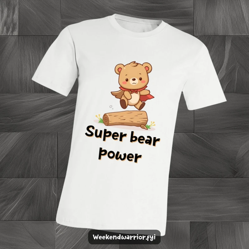 Funny t-shirt featuring a cute bear cub wearing a superhero cape, mid-leap over a small log, exuding bravery and charm.