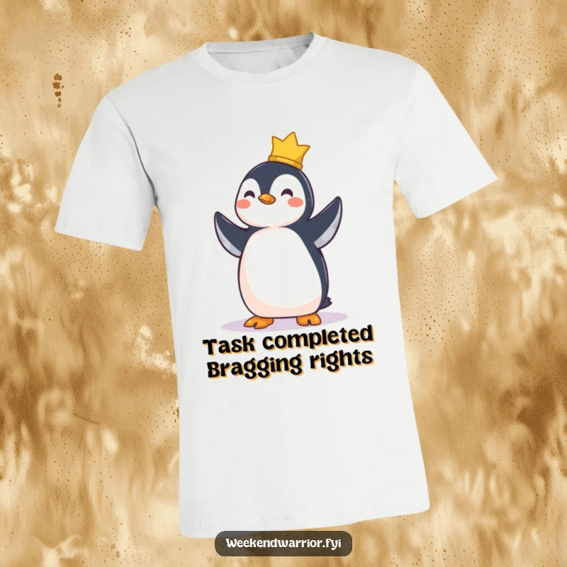 Funny t-shirt displaying a proud penguin standing tall and smiling, signifying the completion of a tough task.