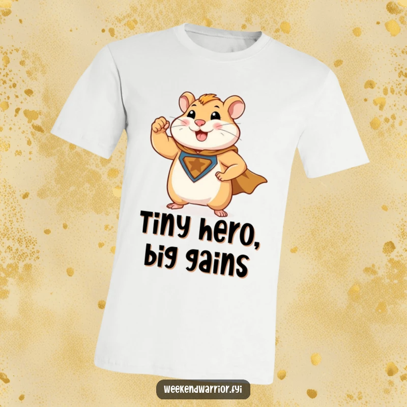 Funny t-shirt with a muscular hamster hero, flexing a bicep and sporting a superhero cape, exuding power.