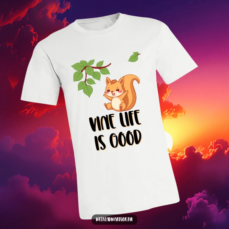 Funny Squirrel T-Shirt of a playful squirrel swinging from a vine with an infectious grin.