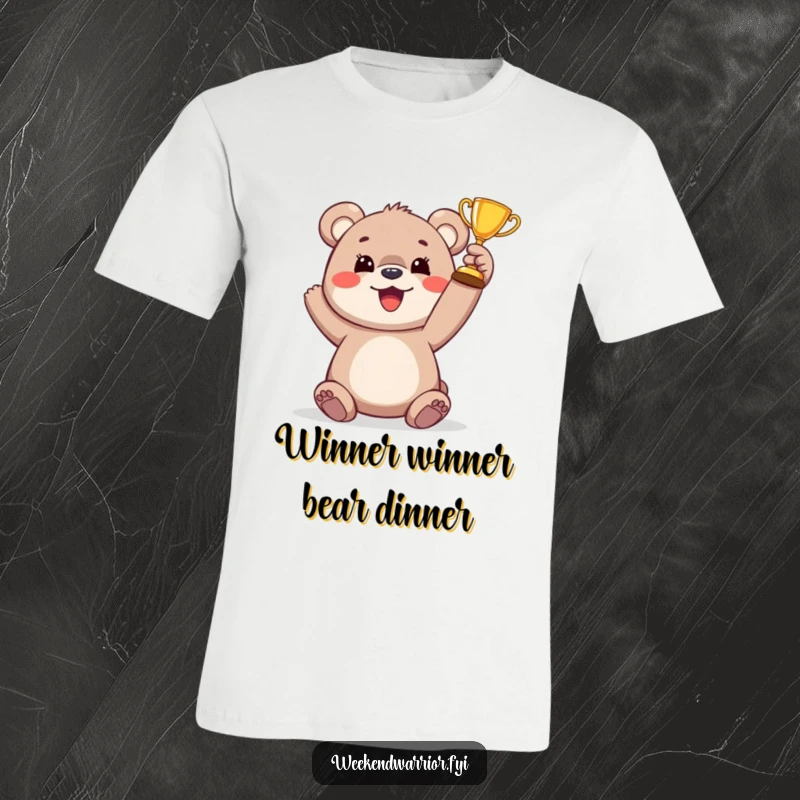 Funny bear cub t-shirt featuring a joyful cub triumphantly lifting a miniature trophy, symbolizing small but significant victories.
