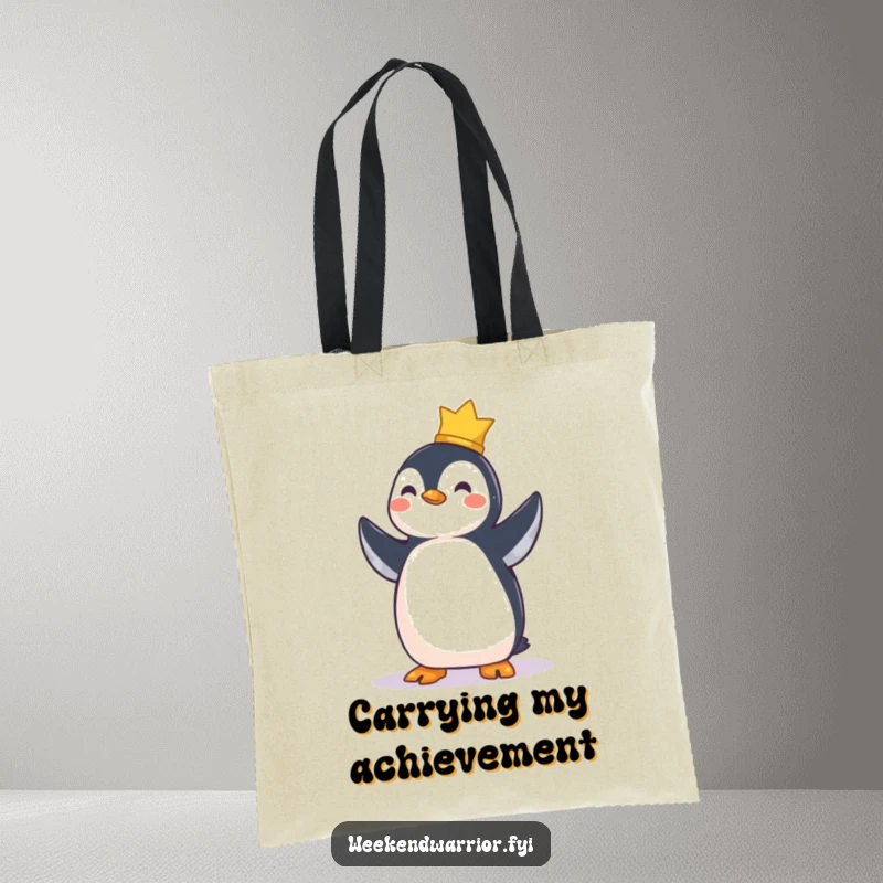Funny tote bag with a proud penguin character standing tall and smiling, symbolizing task completion.