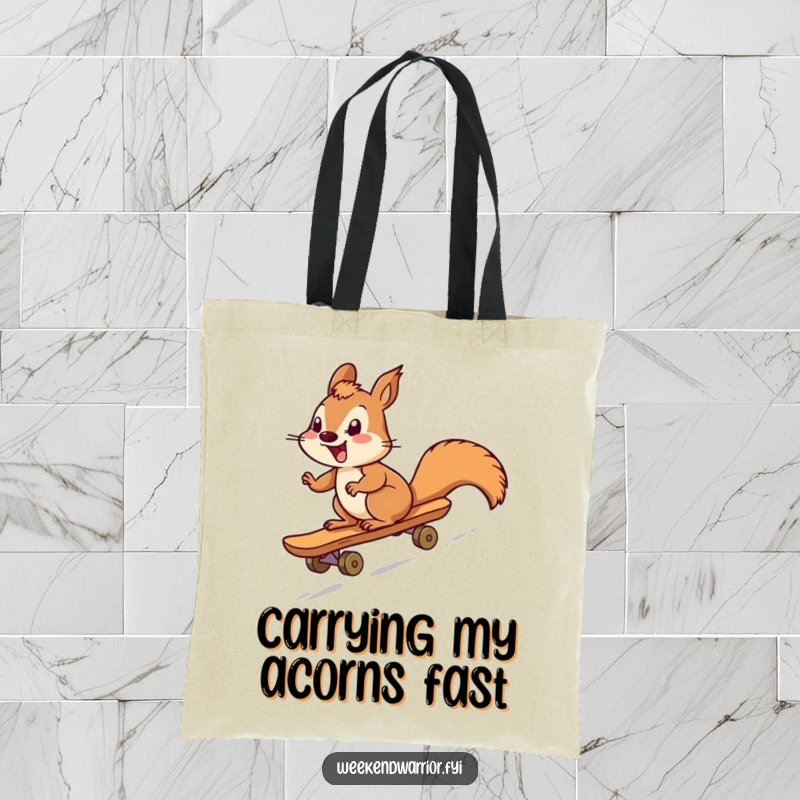 Funny squirrel character energetically zooming downhill on a skateboard, depicted on a durable tote bag for humorous daily use.