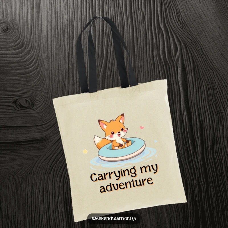 Funny fox raft puddle tote bag showing a cheerful fox navigating a small body of water on an inflatable raft, full of glee.