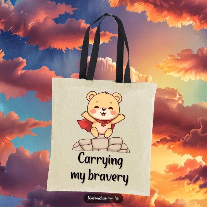 Funny Superhero Bear Cub Tote Bag, a young bear cub in a cape leaping heroically, a fun and functional bag.
