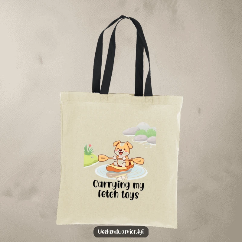 Funny tote bag with an energetic dog paddling in a stream with a paddle, practical for carrying items with a fun, dog-centric design.