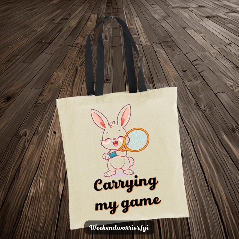 Funny tote bag featuring a bunny ready to swing a tennis racket, designed to carry your sports gear with enthusiastic humor.