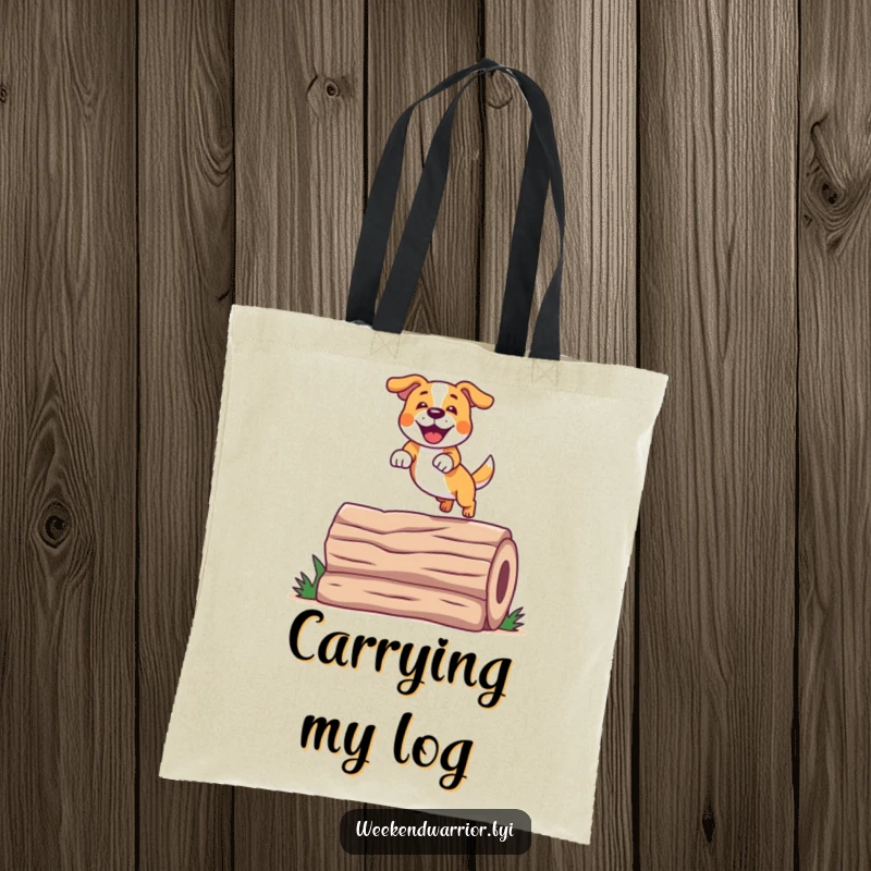 Funny Jumping Dog Tote Bag with a cheerful dog leaping over a log, perfect for shopping and dog park visits.