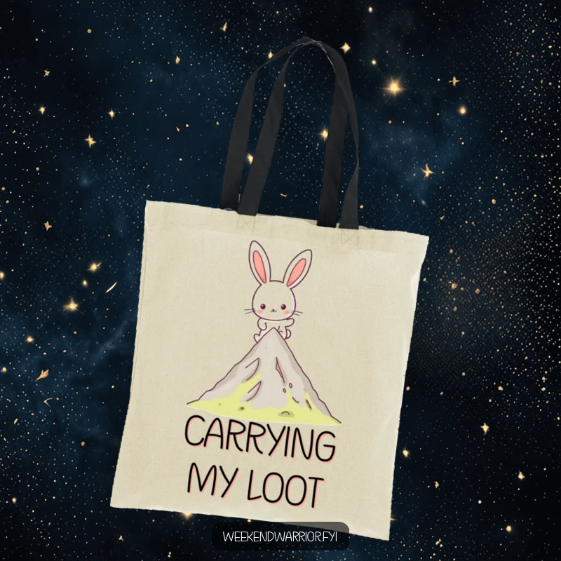 Funny Kawaii rabbit tote bag featuring a happy character hiking up a mountain peak, perfect for carrying gear on adventures.