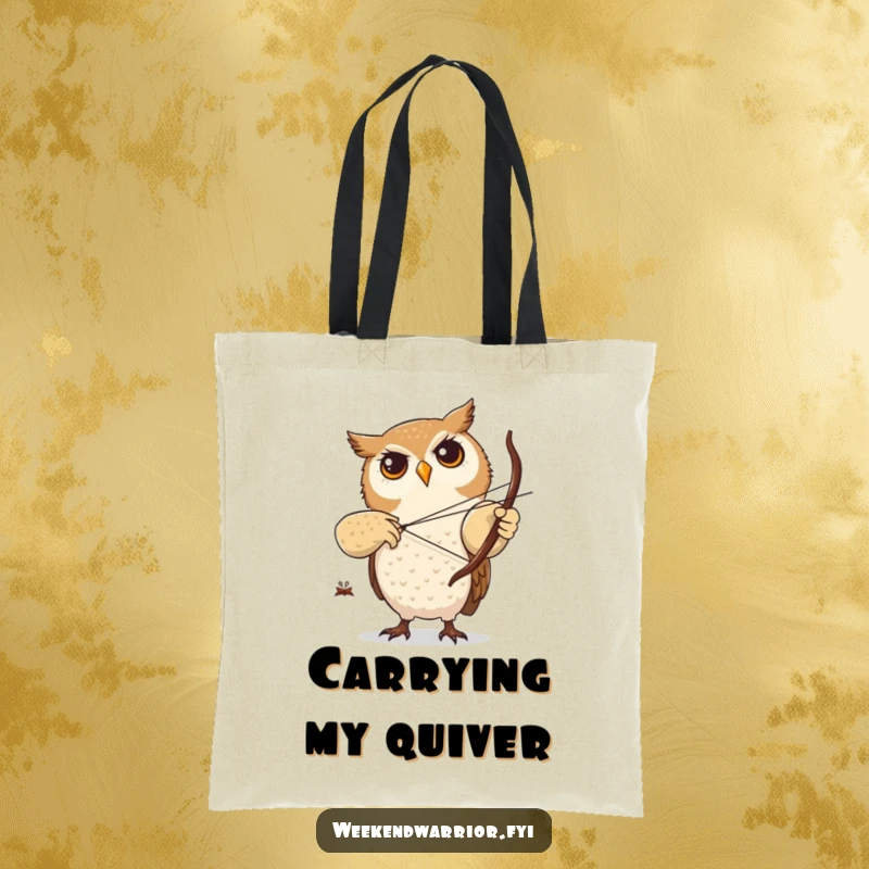 Funny tote bag featuring a focused owl character practicing archery with a tiny twig bow, ideal for carrying items with style.