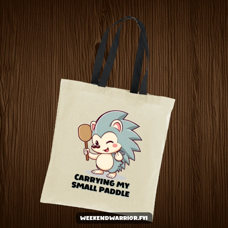 Funny hedgehog tote bag with a happy hedgehog character holding a small paddle, perfect for groceries and daily use.