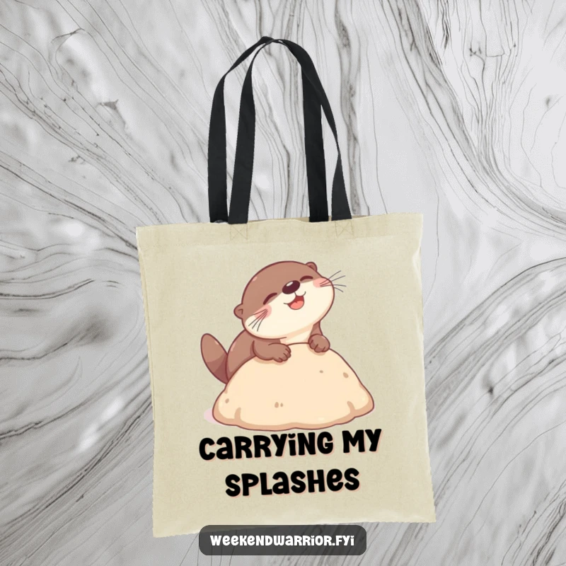 Funny otter tote bag illustrating a playful otter gleefully performing a headbutt dive into a soft mound, a humorous and functional accessory.