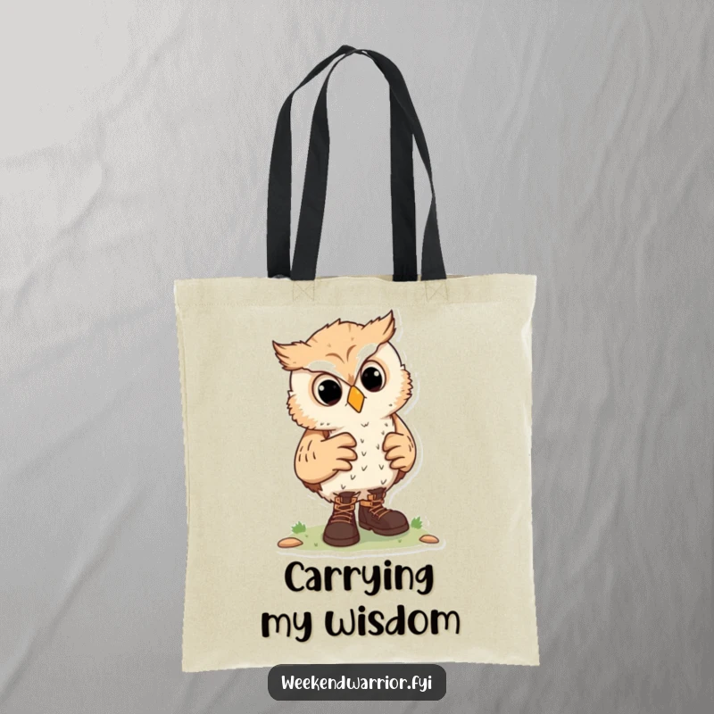 Funny tote bag with a curious owl character adjusting hiking boots, ready for carrying gear and embarking on adventures.