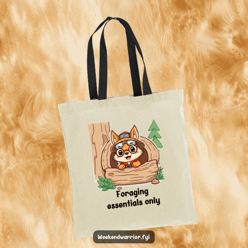 Funny tote bag with a delighted squirrel in explorer attire peeking from a log, a humorous and practical accessory for any trip.