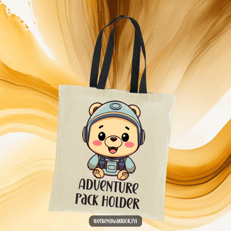 Funny tote bag featuring a cheerful bear wearing a helmet, looking ready and excited for any grand adventure.