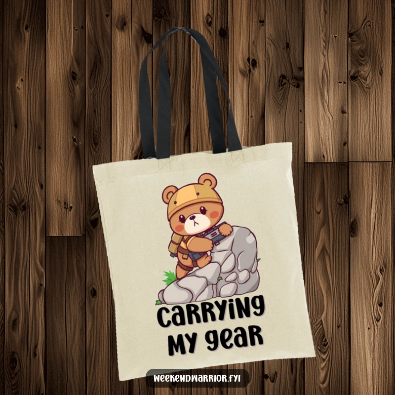 Funny bear tote bag illustrating a determined bear in tactical combat gear ascending a challenging rock face, a humorous and functional carrier.
