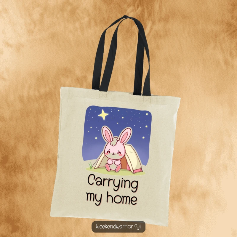 Funny bunny tote bag with a cheerful pink character smiling while setting up a tent under a starry night sky, practical and humorous.