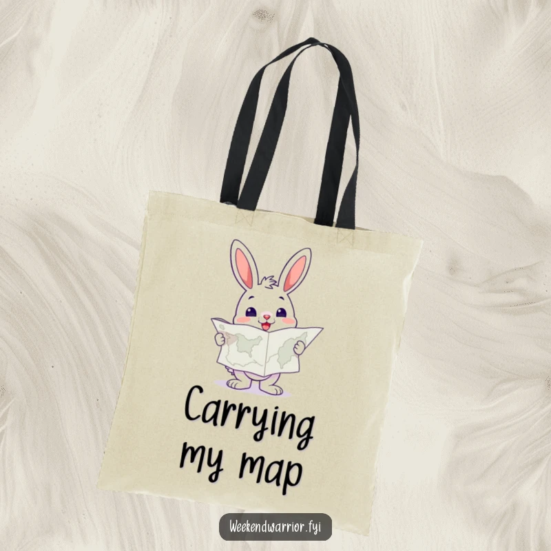 Funny Bunny Tote Bag holding a large map, looking resolute and ready for any destination.