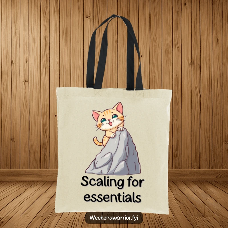 Funny tote bag featuring a brave cat scaling a small artificial mountain face with enthusiasm and determination.