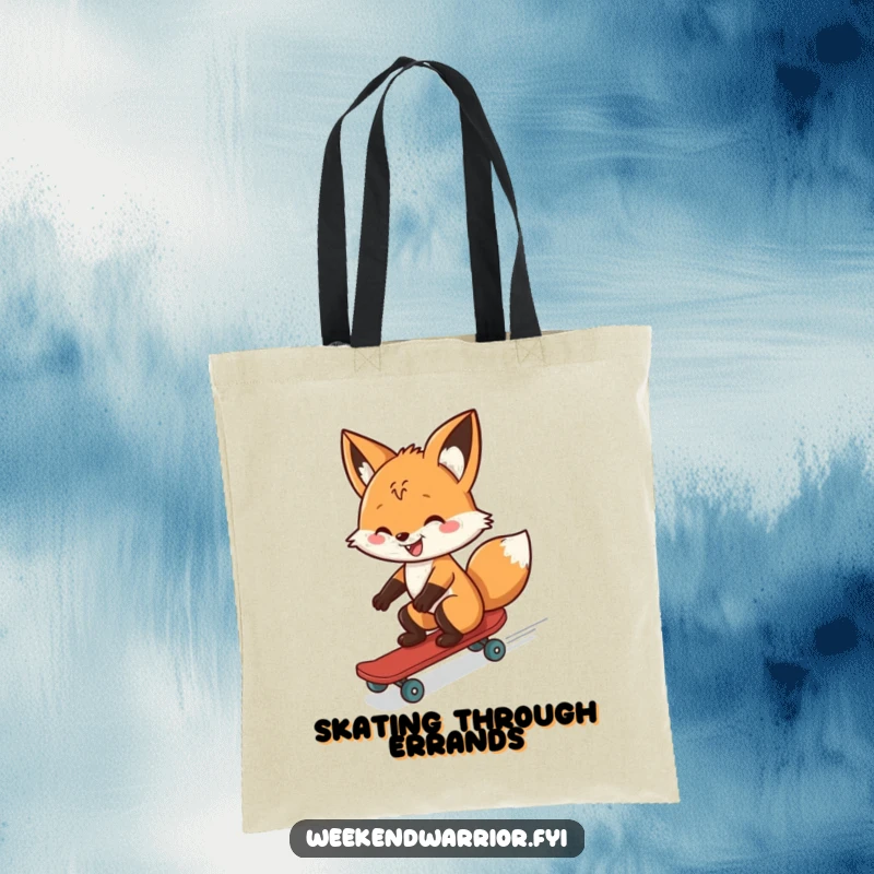 Funny tote bag featuring a fox skillfully riding a skateboard downhill, designed to carry your items with adventurous flair and humor.