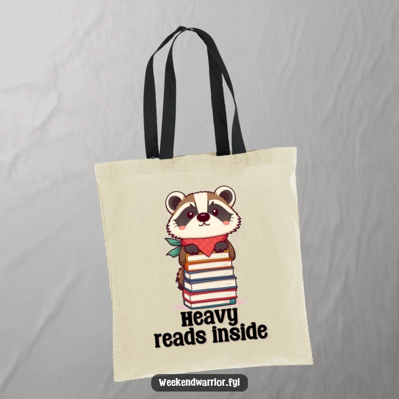 Funny tote bag with a focused badger in a bandana balancing a stack of books, great for carrying books and essentials.
