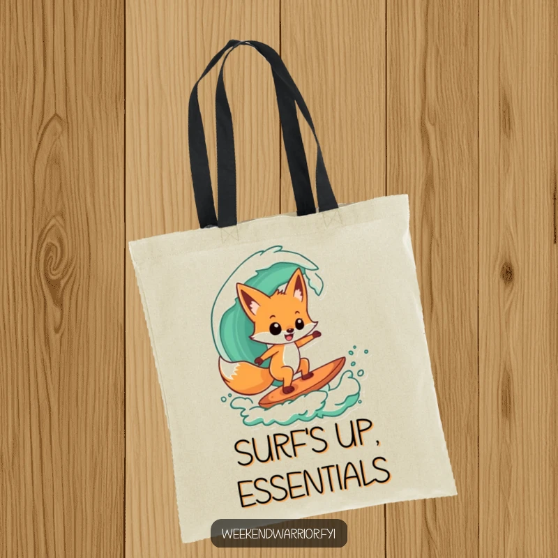 Funny tote bag with a playful fox character confidently surfing a stylized green wave, great for beach essentials.
