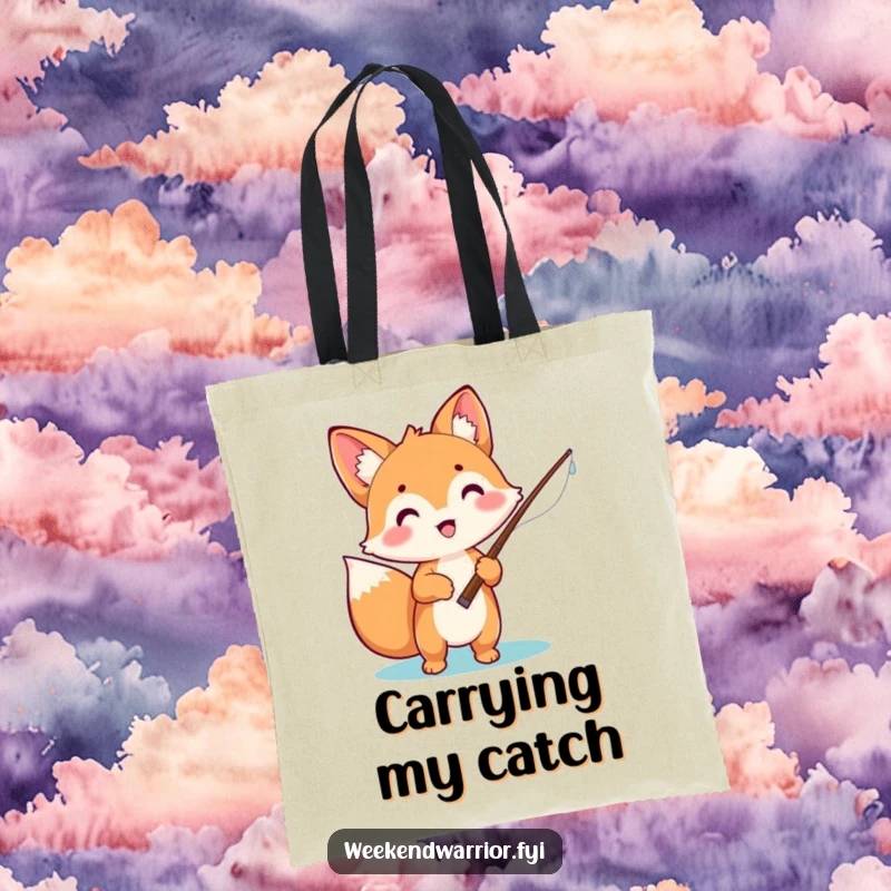 Funny tote bag featuring an excited kawaii fox holding a fishing rod, ready for a fishing trip, showcasing cute enthusiasm.